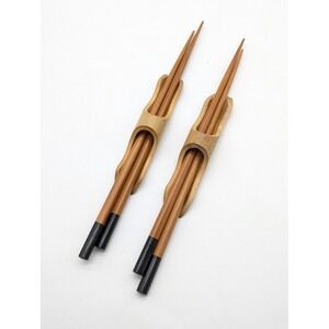 2 Set Vintage Bamboo Chopsticks Handmade Holders Asian Minimalist Sleek Modern